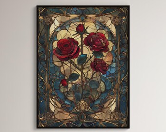 Art Noveau Red Roses Floral Print | Giclée Matte Art Poster Print | Art Nouveau Stained Glass | Art Deco Flowers | New Home Owner Gift