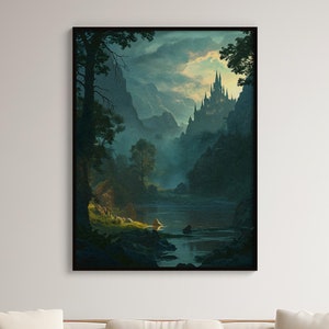 Verzauberter Fantasy-Schloss, Wald Druck, Nachtwald Fee Dekor, Fantasy Wald Landschaft, Dunkler Cottagecore, spiritueller Wald Wand Kunst Druck