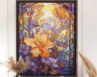 Art Nouveau Stained Glass Floral Poster, Gift for Gardeners and Florists, Art Deco Vintage Flowers Print, Cottagecore Decor