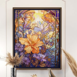 Art Nouveau Stained Glass Floral Poster, Gift for Gardeners and Florists, Art Deco Vintage Flowers Print, Cottagecore Decor
