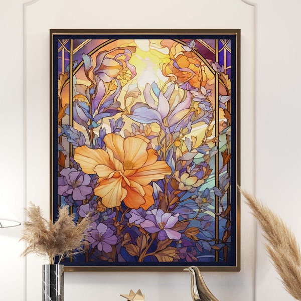 Jugendstil Glasmalerei Floral Poster, Geschenk für Gärtner und Floristen, Art Deco Vintage Blumendruck, Cottagecore Dekor