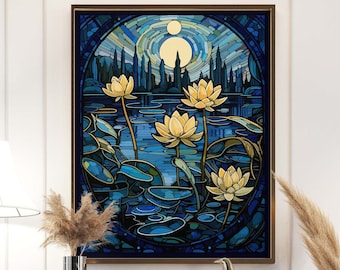 Art-nouveauafdruk | Art-decoprint | Lotusprint | Waterlelieprint | Waterlelies in glas-in-lood kunstposterafdruk