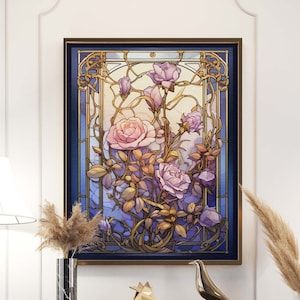 Art Noveau Stained Glass Art Print, Blooming Blue and Lila Roses Wall Art Decor, Art Deco Floral Nature Art