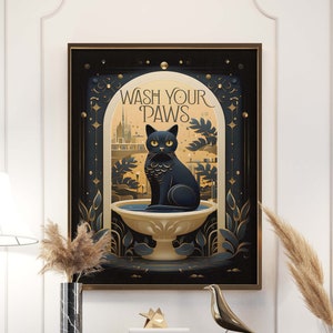 Decoração de banheiro divertida em estilo Art Déco | Ideia de presente divertida para quem ama gatos | Estampa de gato em estilo Art Déco | Decoração de casa maximalista | Estampa vintage em estilo Art Nouveau