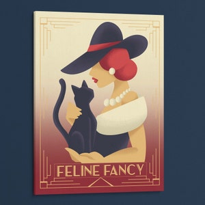 May include: A woman with red hair wearing a black hat and a white dress holds a black cat. The background is a red and gold art deco design with the text "Feline Fancy".