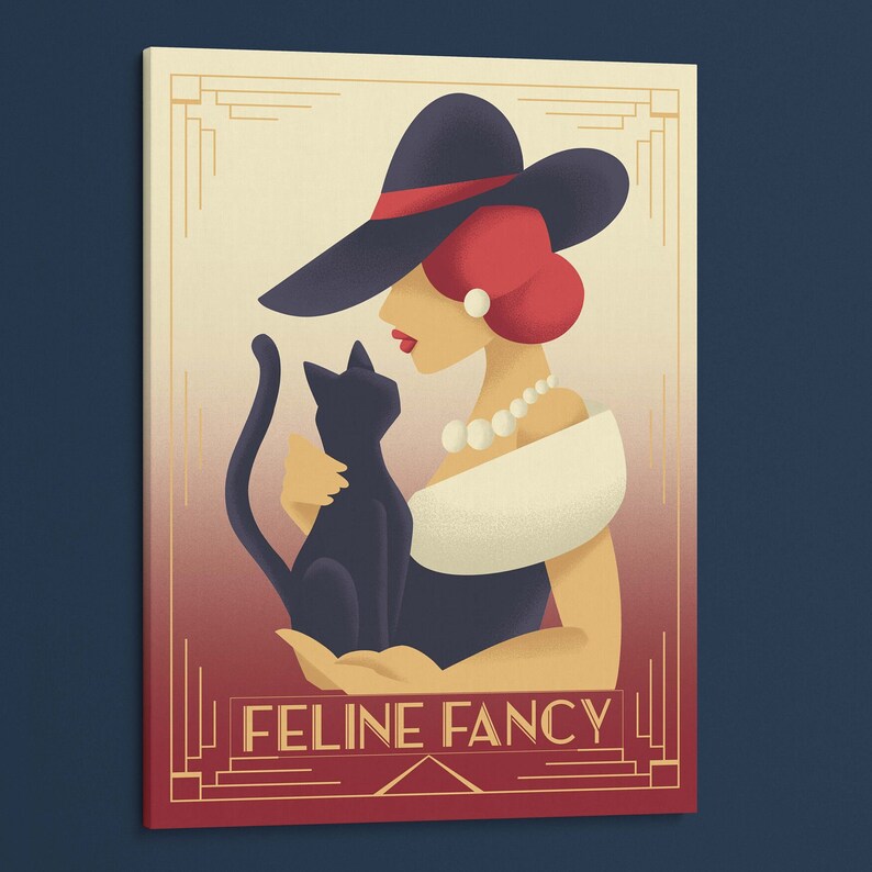 May include: A woman with red hair wearing a black hat and a white dress holds a black cat. The background is a red and gold art deco design with the text "Feline Fancy".