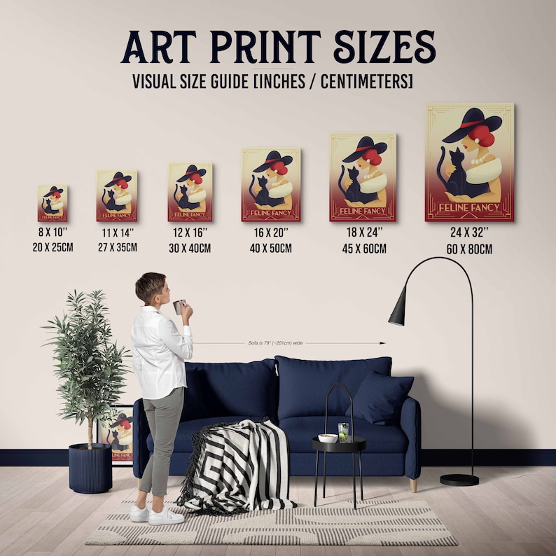 May include: A visual guide showing different sizes of art prints, with a woman standing in front of a couch. The prints feature a vintage-style illustration of a woman in a hat with a cat. The sizes are listed in inches and centimeters. The text "Feline Fancy" appears on the prints.