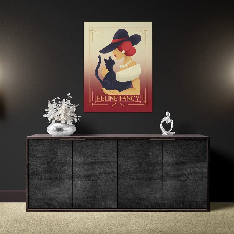 May include: A vintage-style illustration of a woman in a red dress and a black hat holding a black cat. The text "FELINE FANCY" is written in gold lettering on a red background.