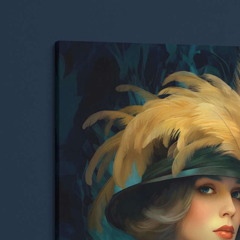 May include: A woman with blonde hair wears a large hat with a wide brim and a plume of golden feathers. The hat is trimmed with a dark green band. The background is a dark blue with hints of teal.
