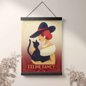 May include: A vintage-style illustration of a woman wearing a black hat and a white dress, holding a black cat. The text "FELINE FANCY" is printed below the image.