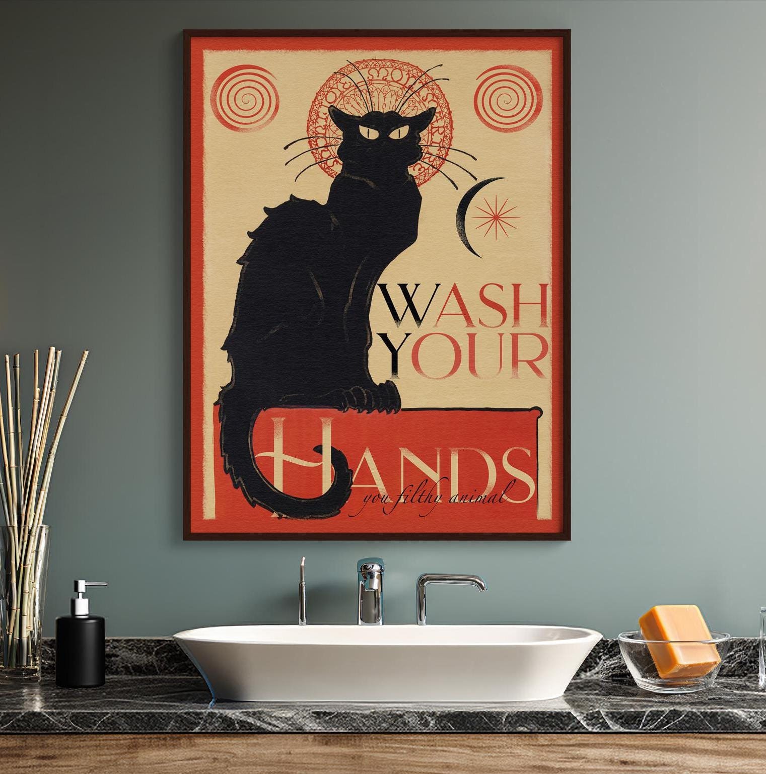 Funny Black Cat Art Deco Bathroom Poster | Art Deco Bathroom Decoration ...