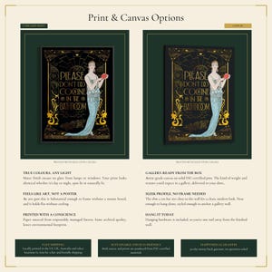 May include: Art print options featuring a vintage-style illustration with the text "PLEASE DON'T DO COCAINE IN THE BATHROOM." The image shows a woman in a long blue dress holding a red object. Available as an unframed print or canvas.