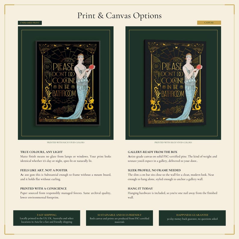 May include: Art print options featuring a vintage-style illustration with the text "PLEASE DON'T DO COCAINE IN THE BATHROOM." The image shows a woman in a long blue dress holding a red object. Available as an unframed print or canvas.