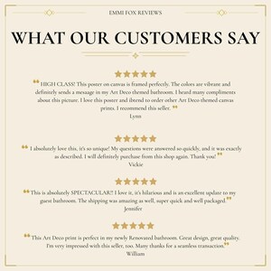 Pu&ograve; includere: Un grafico beige di recensioni dei clienti intitolato EMMI FOX REVIEWS e WHAT OUR CUSTOMERS SAY. Presenta quattro valutazioni a cinque stelle con testimonianze di Lynn, Vickie, Jennifer e William, racchiuse tra virgolette con accenti dorati.