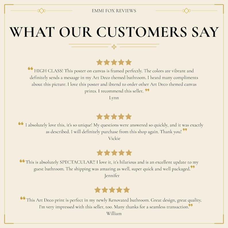 Pu&ograve; includere: Un grafico beige di recensioni dei clienti intitolato EMMI FOX REVIEWS e WHAT OUR CUSTOMERS SAY. Presenta quattro valutazioni a cinque stelle con testimonianze di Lynn, Vickie, Jennifer e William, racchiuse tra virgolette con accenti dorati.