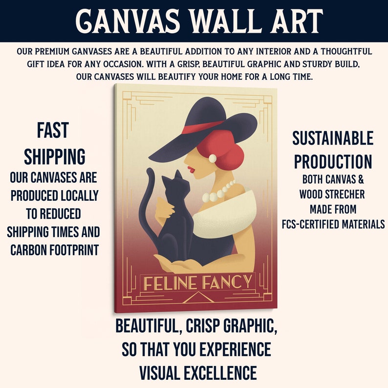 May include: A vintage-style canvas wall art print featuring a woman in a red dress and a black hat holding a black cat. The text "Feline Fancy" is printed in a bold font at the bottom of the print.