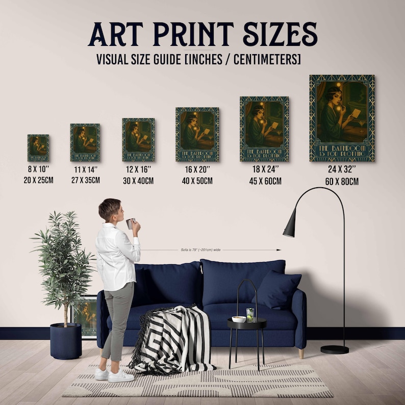 以下が含まれることがあります： アートプリントのサイズガイド。20 x 25cmから60 x 80cmまでのサイズが表示されています。各プリントには、グリーンドレスを着た女性が描かれています。「ART PRINT SIZES」と「VISUAL SIZE GUIDE [INCHES / CENTIMETERS]」の文字が表示されています。