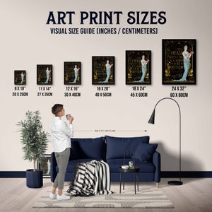 May include: Art print size guide featuring framed art prints in various sizes, from 8 x 10 inches to 24 x 32 inches. Each print displays a mermaid with text that reads "Please don't cook in the bathroom."