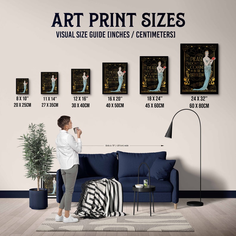 May include: Art print size guide featuring framed art prints in various sizes, from 8 x 10 inches to 24 x 32 inches. Each print displays a mermaid with text that reads "Please don't cook in the bathroom."