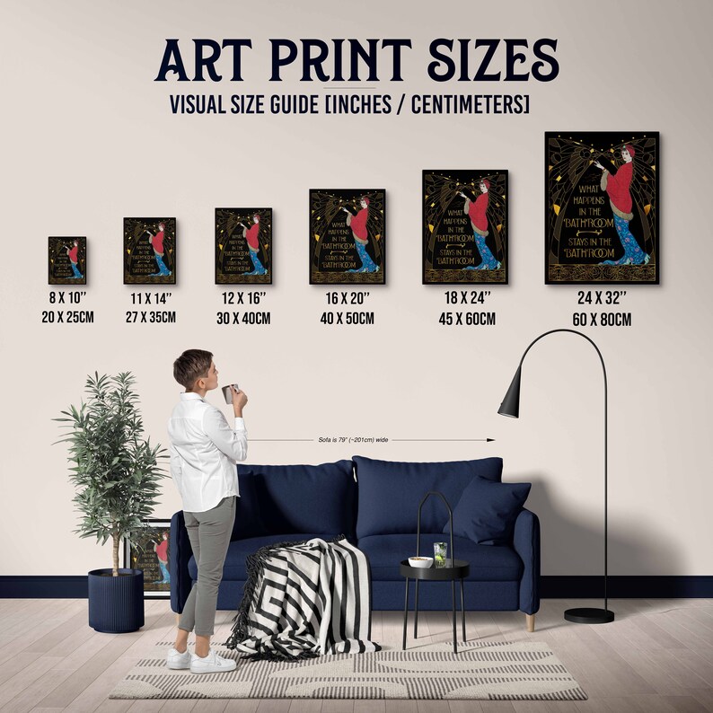 May include: A visual guide showing different sizes of art prints with the text "What happens in the bathroom stays in the bathroom" in a black frame. The sizes are 8x10 inches, 11x14 inches, 12x16 inches, 16x20 inches, 18x24 inches, and 24x32 inches.