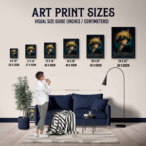 May include: A visual guide showing different sizes of art prints, with a person standing in front of a couch to show scale. The prints feature a woman in a yellow hat and a teal background with the text "BE YOURSELF". The sizes are 8x10 inches (20x25 cm), 11x14 inches (27x35 cm), 12x16 inches (30x40 cm), 16x20 inches (40x50 cm), 18x24 inches (45x60 cm), and 24x32 inches (60x80 cm).