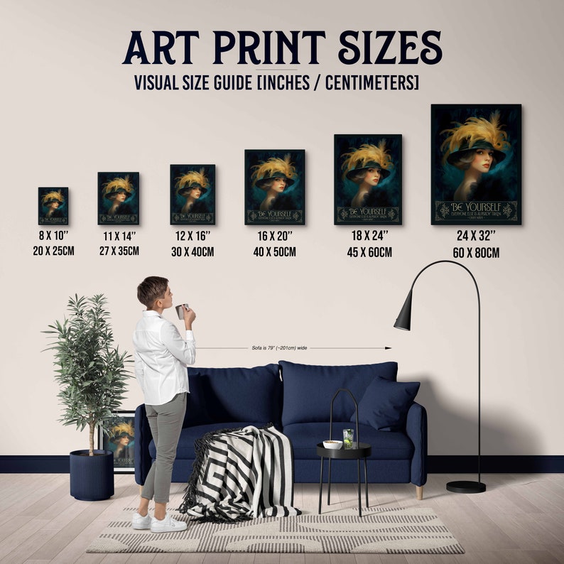 May include: A visual guide showing different sizes of art prints, with a person standing in front of a couch to show scale. The prints feature a woman in a yellow hat and a teal background with the text "BE YOURSELF". The sizes are 8x10 inches (20x25 cm), 11x14 inches (27x35 cm), 12x16 inches (30x40 cm), 16x20 inches (40x50 cm), 18x24 inches (45x60 cm), and 24x32 inches (60x80 cm).