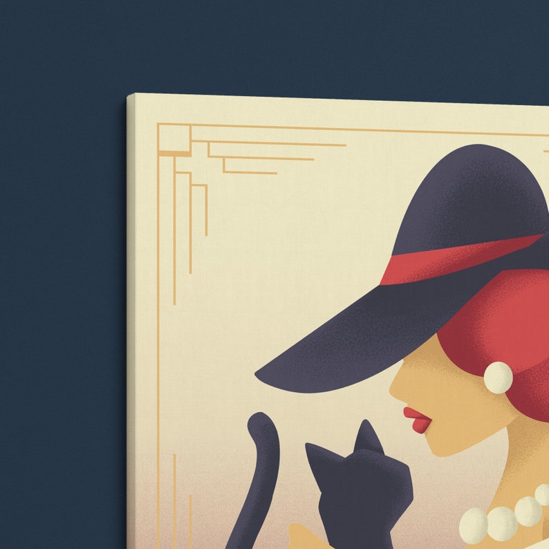 May include: A vintage-style illustration of a woman wearing a black hat with a red band and a red and white dress. She is holding a black cat in her arms. The background is a cream color with gold geometric patterns.