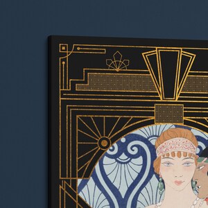 May include: A black and gold art print featuring two women with geometric patterns and a blue and white background.