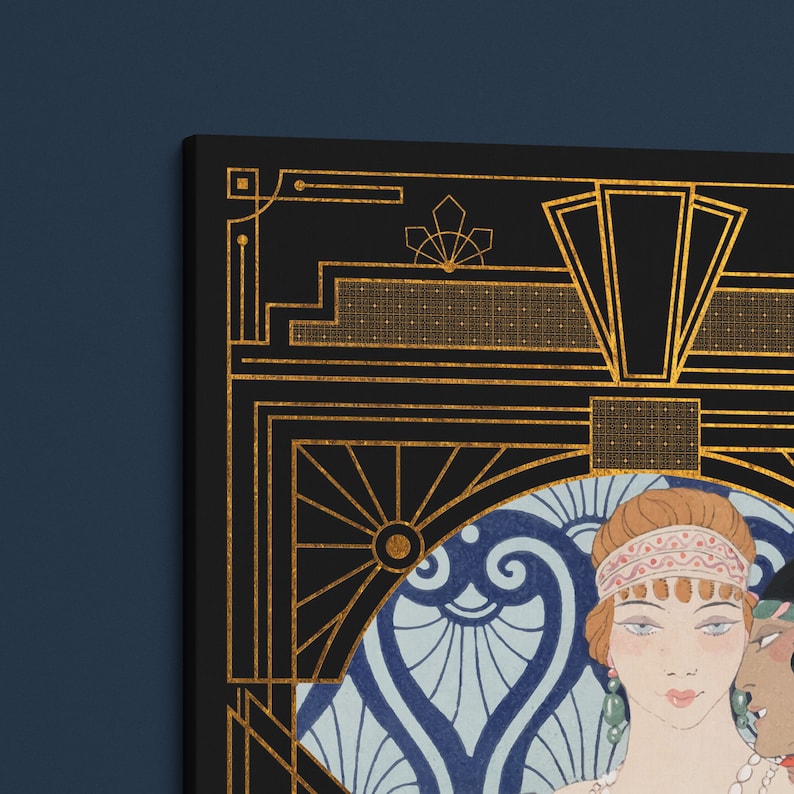 May include: A black and gold art print featuring two women with geometric patterns and a blue and white background.