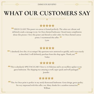 May include: A beige poster with the text "WHAT OUR CUSTOMERS SAY" and customer reviews. The reviews are in a serif font and include star ratings. The poster has an Art Deco theme.