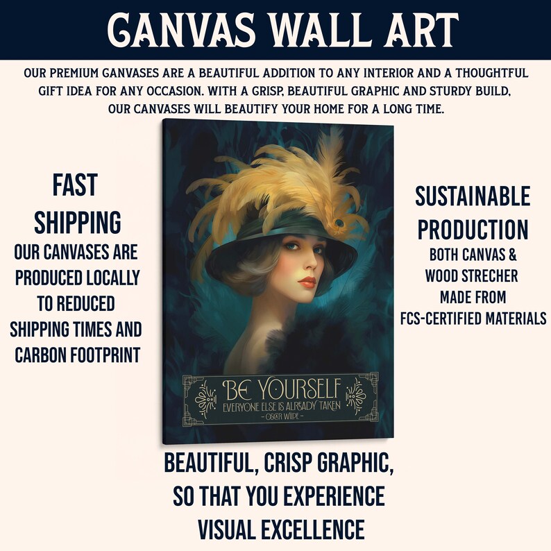 May include: A canvas wall art print featuring a woman wearing a large hat with feathers. The woman has dark hair and is looking directly at the viewer. The background is a dark blue and green color. The text "Be Yourself" is printed on the canvas.