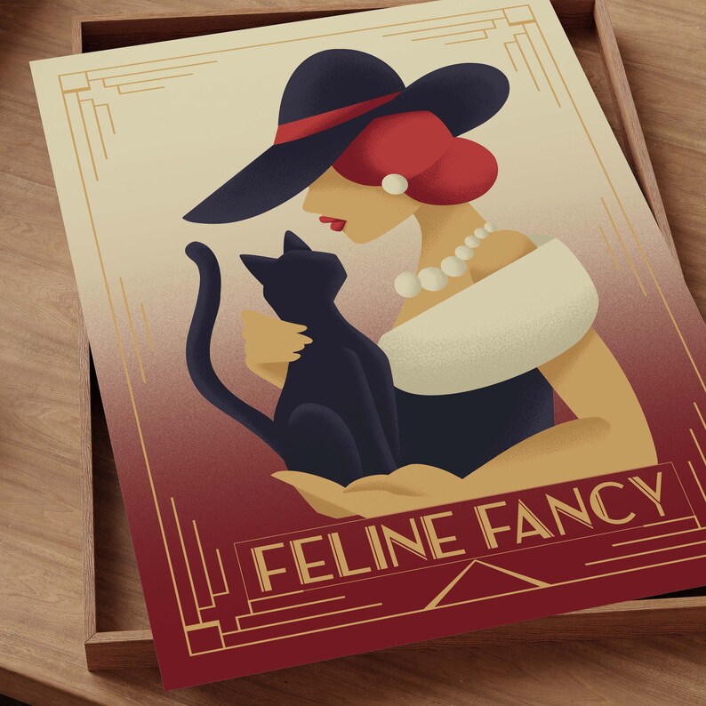 May include: A woman with red hair and a black hat holds a black cat. The woman is wearing a white dress with a pearl necklace. The background is a red and gold design with the text "Feline Fancy".
