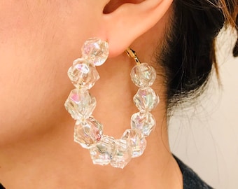 Acrylic beaded hoop earrings, large acrylic hoops, huge acrylic hoops, oversized hoops earrings, clear acrylic beads