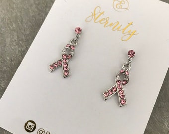 Breast cancer awareness earrings, pink ribbon earrings, pink breast cancer awareness studs, rhinestone pink ribbon earrings