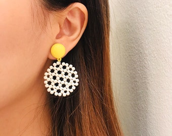 Round white beads earrings, white beads drop earrings, beaded earrings, candy stud beads earrings, statement earrings