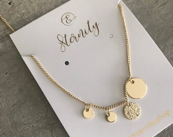 Gold disc necklace, asymmetrical charm necklace, gold accent necklace, gold tree necklace, minimalist gold necklace