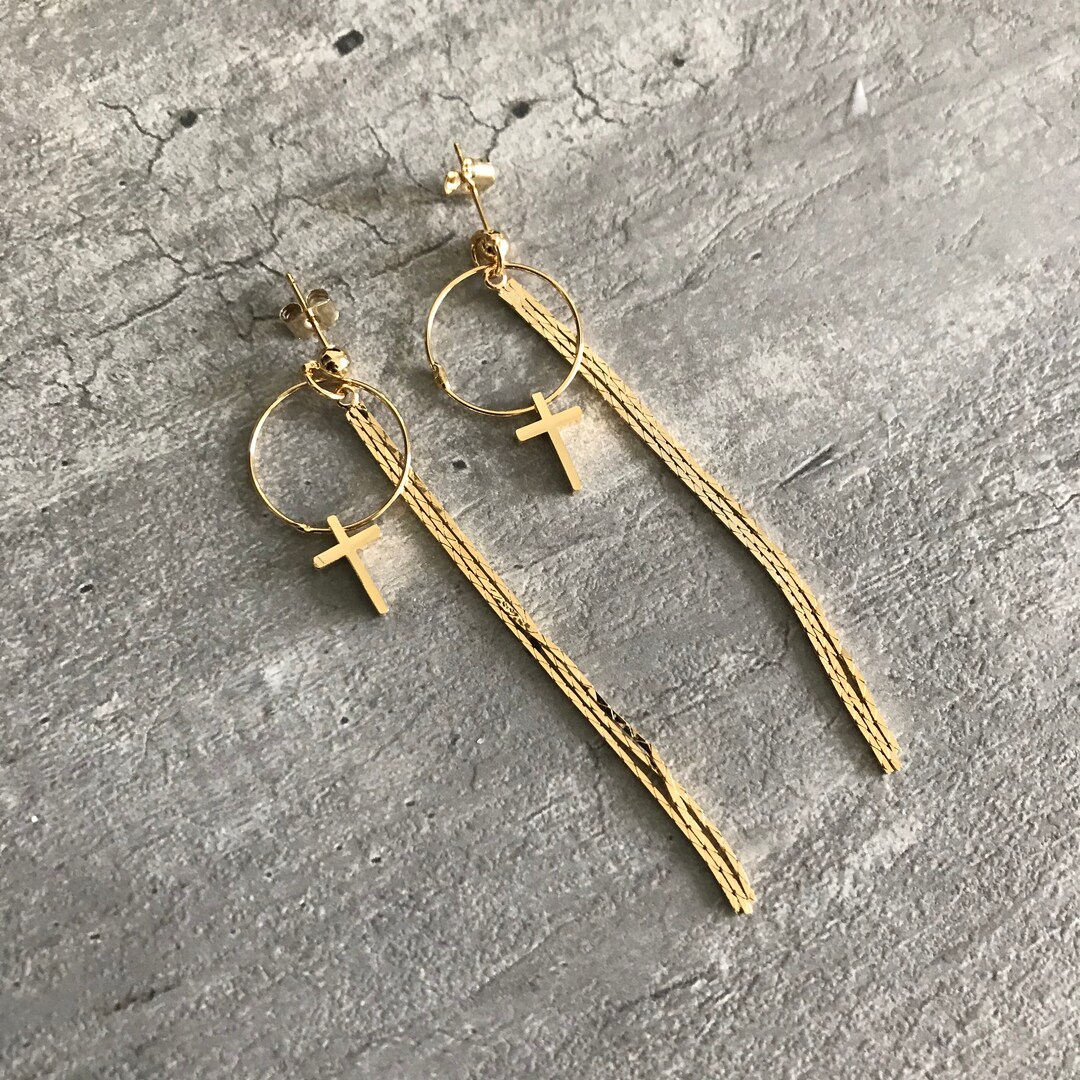 Cross Chain Earrings Gold Cross Studs Cross Chandelier Etsy