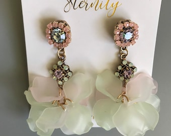 Flower chandelier earrings, 3D flower earrings, flower dangle earrings with cubic zirconia and rhinestones, flower drop earrings