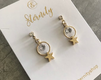 Star dangle earrings, dainty star dangle earrings, gold star cubic dangle earrings, gold star earrings, shooting star earring [Nickel-free!]