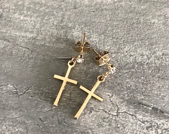 Gold cross earrings, cross charm earrings, cross with cubic details, gold cross studs, cubic cross earrings [Nickel-free!]