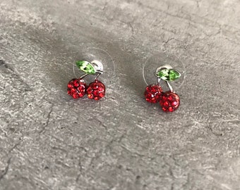 Dainty cherry stud earrings, crystal cherry earrings, tiny cherry earrings