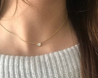 Simple cubic zirconia necklace, solitaire cubic necklace, dainty necklace, gold cubic necklace, gold choker necklace, short necklace
