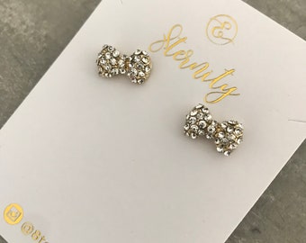 Sparkle bow earrings, rhinestone ribbon earrings, bow stud earrings, silver rhinestone ribbon studs
