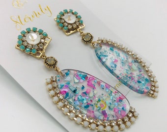 Clear acrylic confetti earrings, confetti drop earrings, colorful acrylic earrings, statement earrings