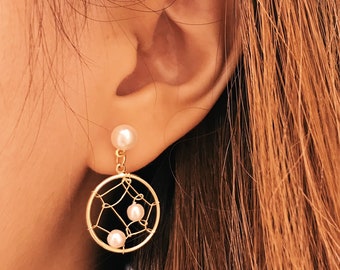 Dream catcher earrings, gold wire ring earrings, tangled web earrings, gold pearl earrings, gold wire studs, pearl web studs
