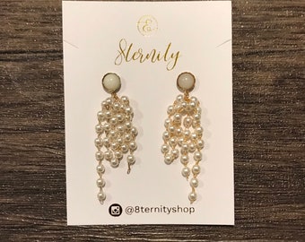 Pearl chandelier earrings, white beads earrings, mini pearl earrings, gold chandelier, chandelier dangle beads earrings [Nickel-free!]