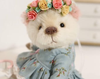 One of a Kind Teddy Bear, Artist Handmade Plush Toy, Teddy Bear with Flowers,Birthday Gift Teddy Bear, Exclusive Collectible Bear Doll