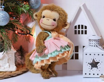Stuffed animal monkey as safari nursery decor, teddy monkey doll, jungle animals toy, monkey toy on safari baby shower, collectible monkey