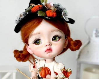 Handmade OOAK BJD Witch Doll, Custom Art Doll as Halloween Decor, 25 cm Poseable doll, Artist Repainted doll,  Exclusive Doll Easter Gift