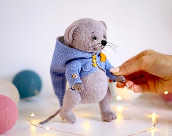 Mouse figurine as interior rat toy decor, handmade teddy mouse doll, custom plush rat, OOAK artist teddy mouse toy, ball jointed rat animal